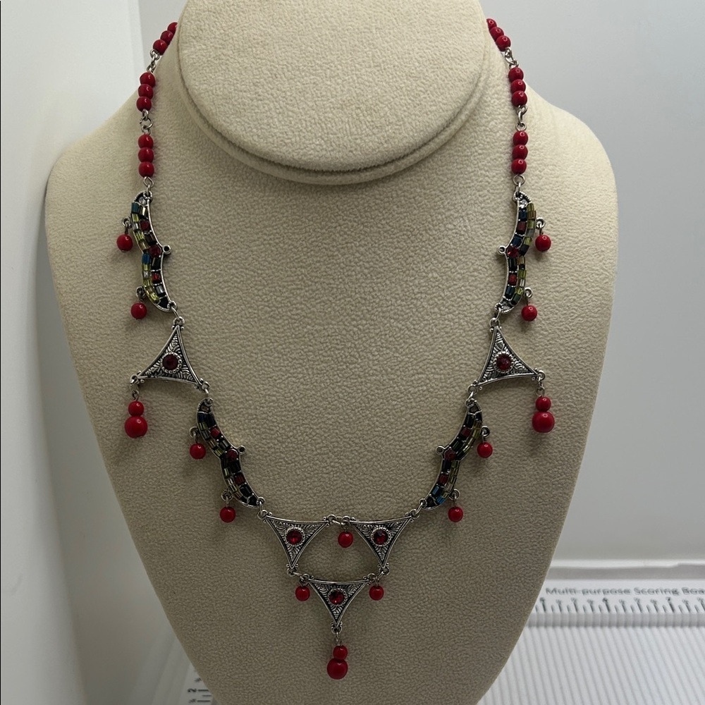 Vintage Red Bead and Silver-Tone Mosaic Triangle Necklace